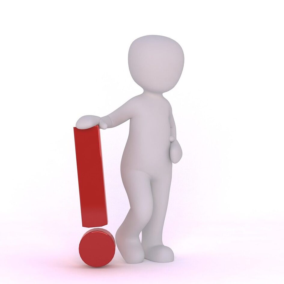 Weißes Männchen stützt sich auf rotes Ausrufezeichen