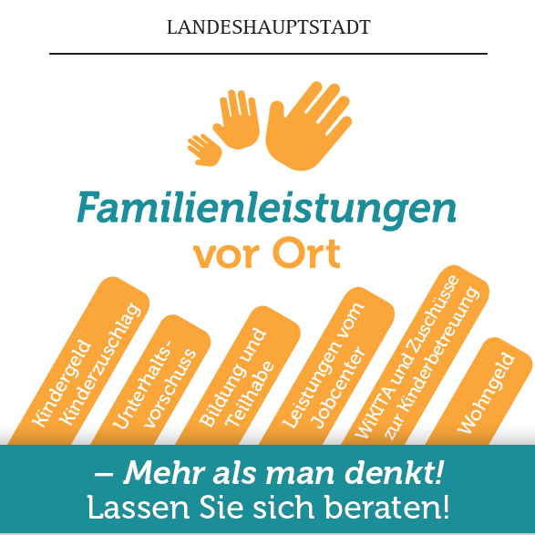 Ein Flyer mit der Angabe, welche Leistungen in der Beratung zu den Familienleistungen vor Ort inkludiert sind