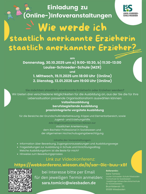 Plakat: Zaproszenie do udziału w wydarzeniach informacyjnych w Louise-Schroeder-Schule w ramach szkolenia dla nauczycieli