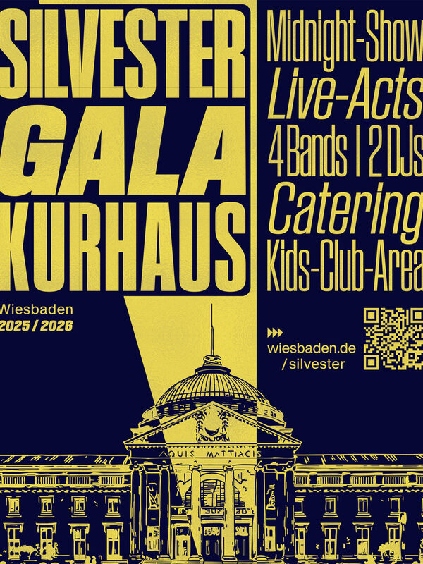 Plakat Sylwester 2025: Kurhaus w kolorze złotym na niebieskim tle.