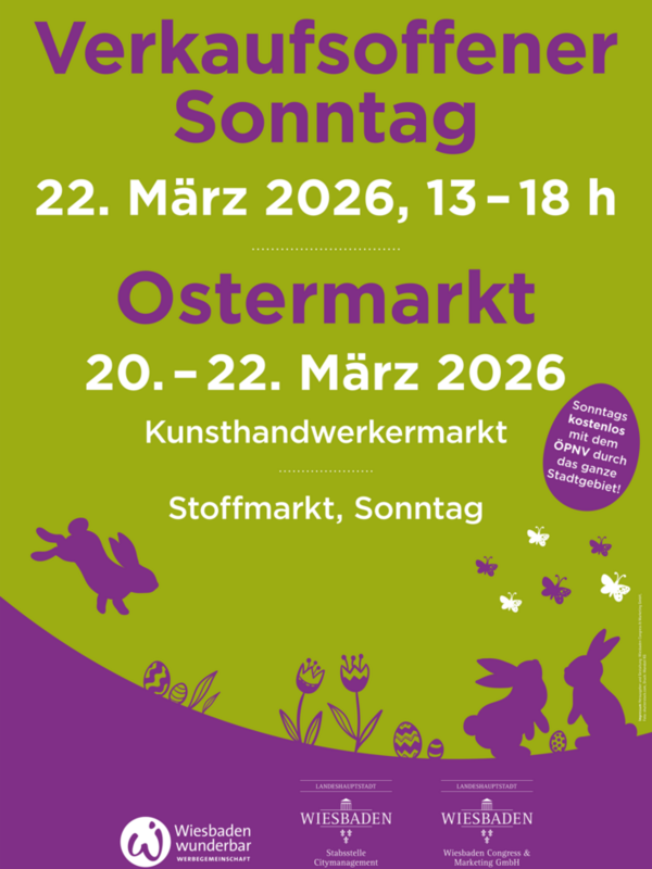 Plakat Ostermarkt in Grün und Lila mit weißer Schrift. Hasen im Bild.