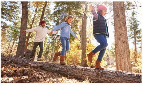 Drei Kinder balancieren im Herbstwald auf einem Baumstamm