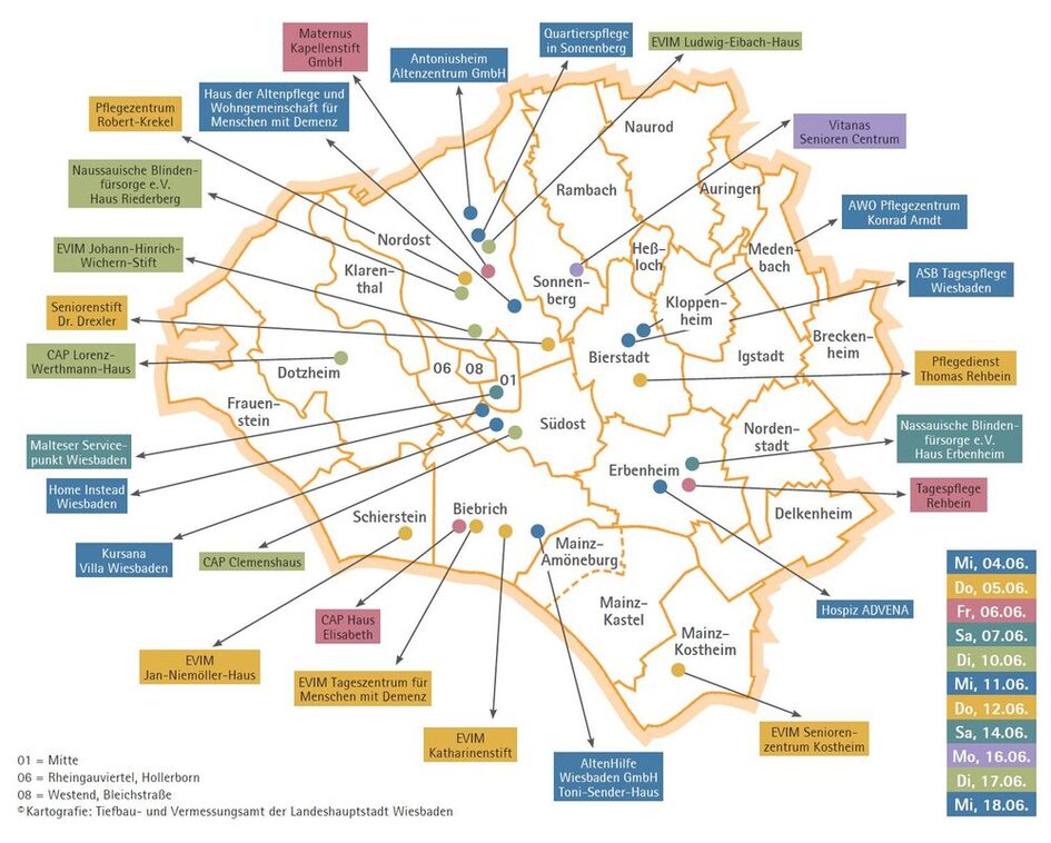 Karte mit markierten Pflegeeinrichtungen