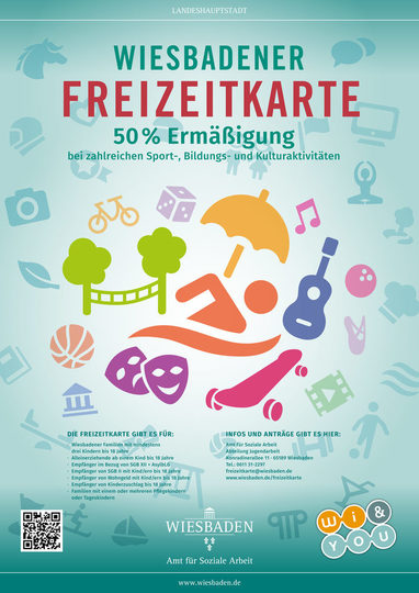 Logo Wiesbadener Freizeitkarte - Schriftzug und viele Freizeitsymbole.