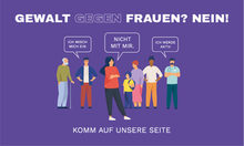 Gemaltes Plakat: Gewalt gegen Frauen? Nein! Bunte Figuren positionieren ..