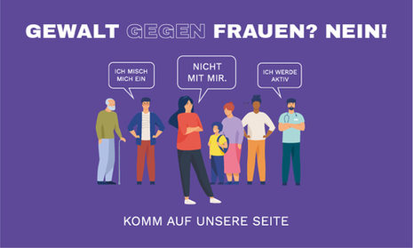 Gemaltes Plakat: Gewalt gegen Frauen? Nein! Bunte Figuren positionieren si