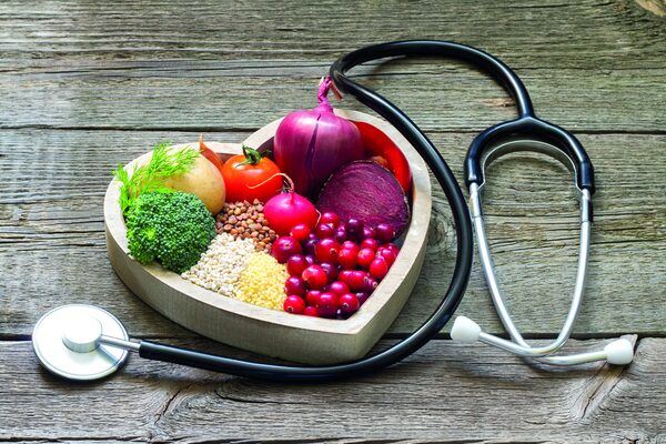 Healthy food and stethoscope