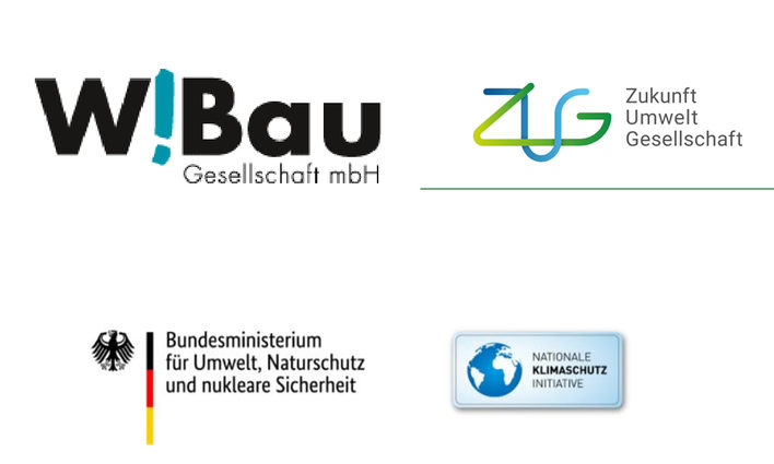 Die Logos der Projektpartner W!Bau, ZUG, BMU und Nationale Klimaschutz Ini