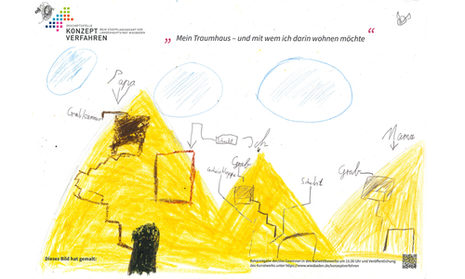 Ein Kinderbild gemalt von Hand - "Mein Traumhaus - und mit wem ich darin w
