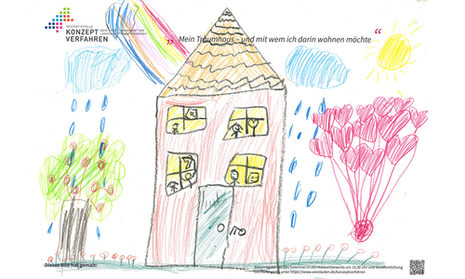 Ein Kinderbild gemalt von Hand - "Mein Traumhaus - und mit wem ich darin w