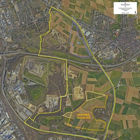 Luftbild: Umgrenzung des Entwicklungsgebietes Ostfeld
