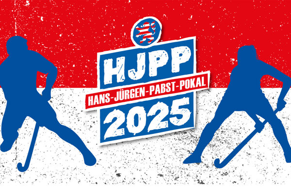 Zwei Hockeyspier-innen und Logo "HJPP - Hans-Jürgen-Pabst-Pokal".