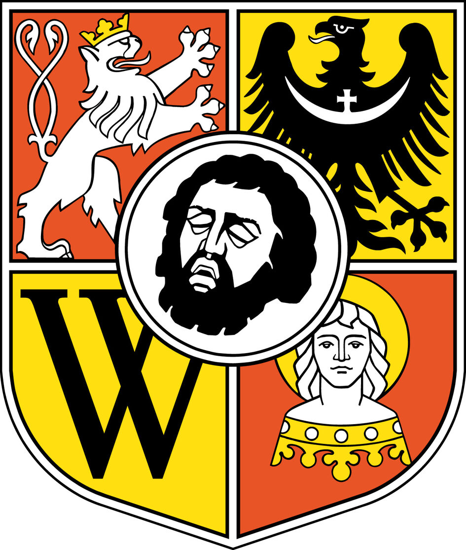 Stema orașului Wroclaw - (leu, vultur cu semilună, W de la Wratislavia, capul lui Ioan Evanghelistul și în centru capul lui Ioan Botezătorul)