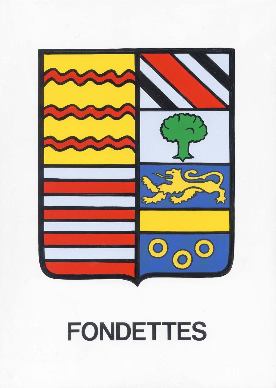 Rot-weiß und gelb-blaues Wappen der Stadt Fondettes