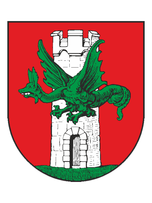Lo stemma raffigura una torre bianca con un drago verde in primo piano.