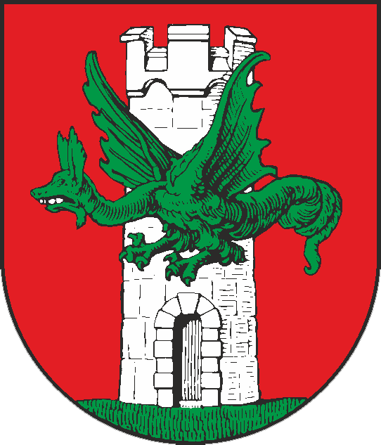 Das Wappen zeigt einen weißen Turm in dessen Vordergrund ein grüner Drache schwebt