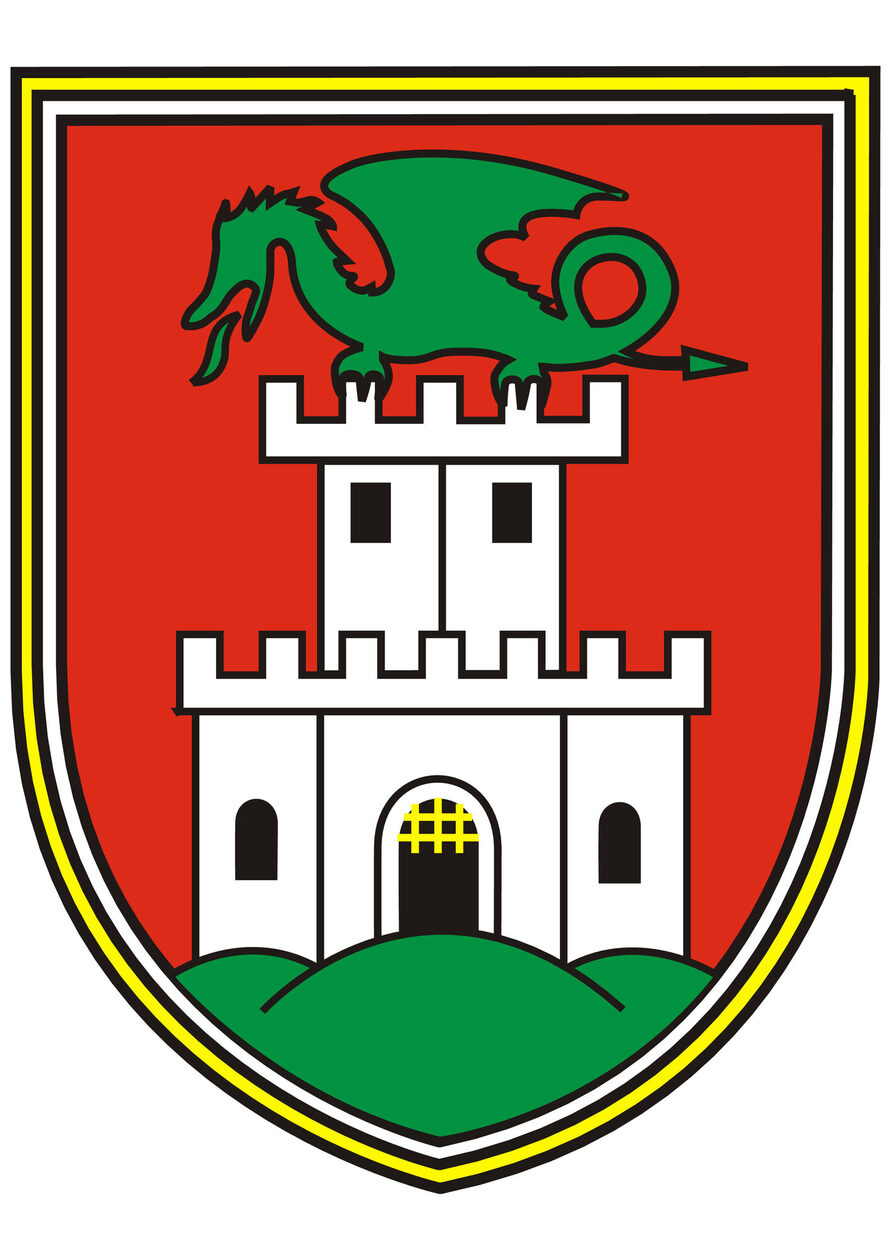 Auf dem Wappen ist eine Burg mit grünem Drachen
