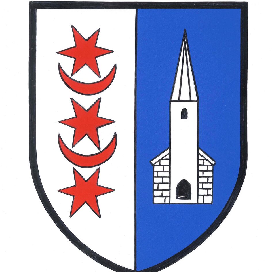 Auf der linken Seite sind rote Sterne und Halbmonde zu sehen und auf der rechten Seite eine Kirche