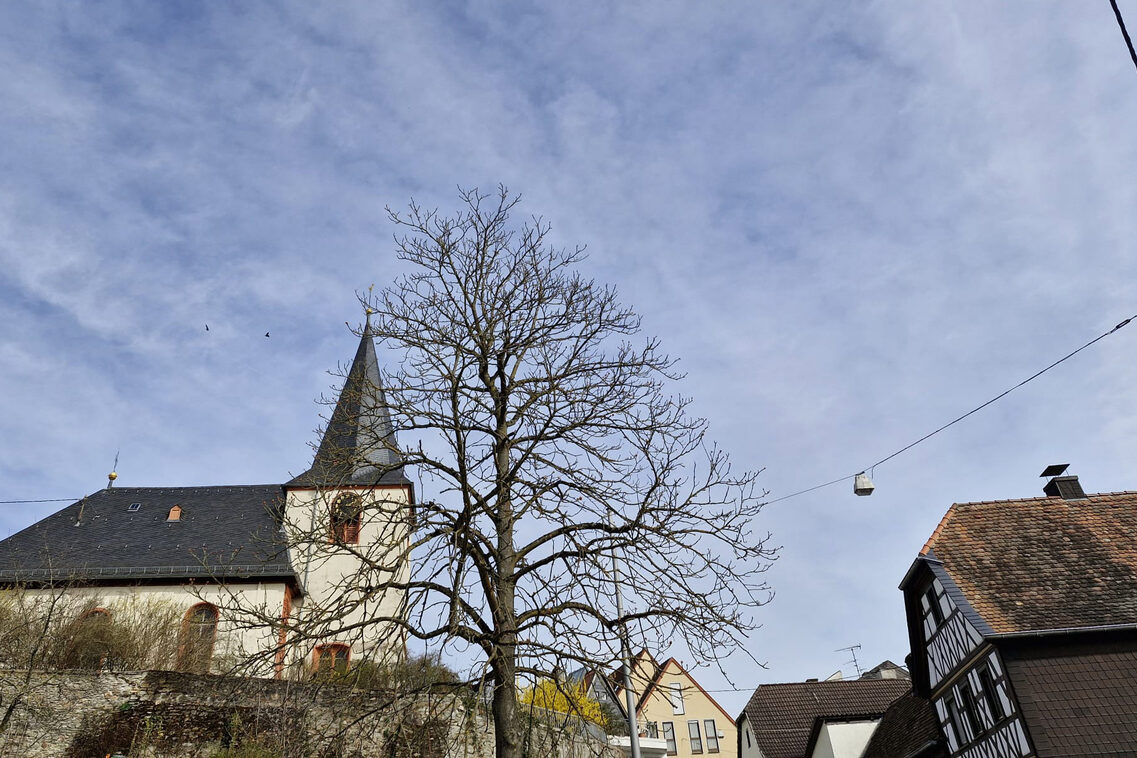 Barockkirche mit Schiff und Blick in den Ort.