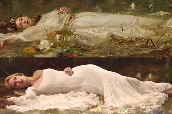 Zwei Frauen liegend in in weißen Kleidern - POriginal Ophelia und Taylor Swift.