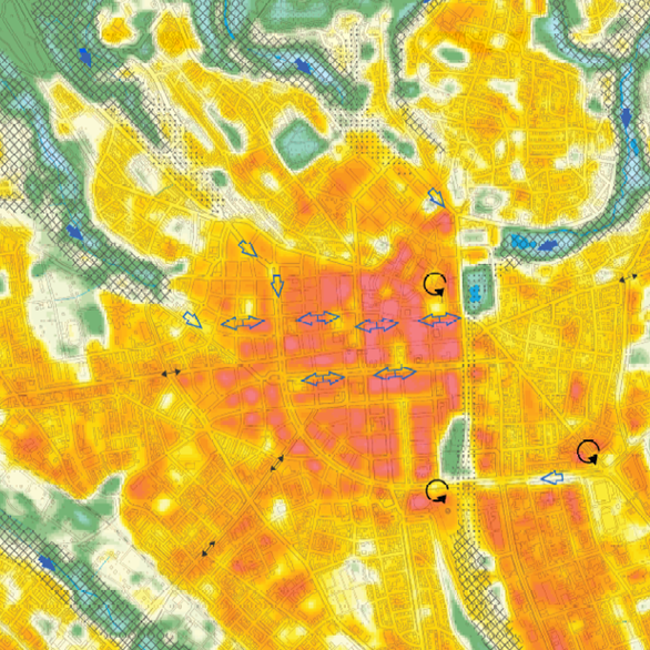 Sezione di una mappa della città in cui molte aree sono rosse e arancioni o gialle al centro, i parchi ai margini dell'immagine sono verdi e gli specchi d'acqua sono blu.