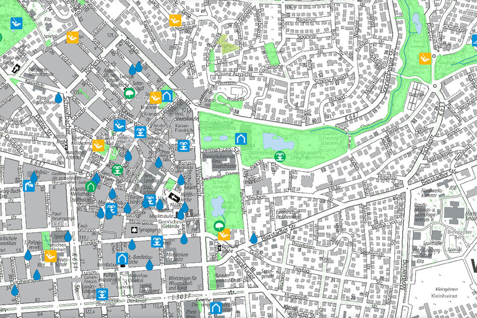 Kartenausschnitt mit Symbolen für kühle Orte