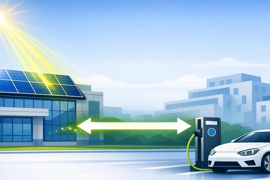 يتم شحن السيارة الكهربائية في محطة الشحن بسهم ثنائي الاتجاه إلى نظام الطاقة الشمسية على السطح في المشهد الحضري الحديث