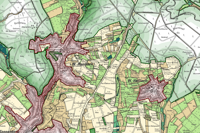 Τομή χάρτη με μπεζ, ανοιχτό καφέ, κόκκινες και πράσινες περιοχές.