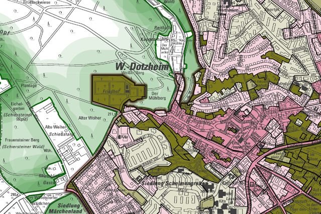 Τομή χάρτη με πράσινες, κόκκινες και λαδί περιοχές.