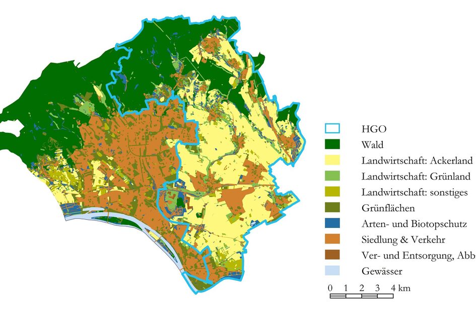 Kartendarstellung, Umriss von Wiesbaden mit vor allem grünen Waldflächen, Siedlungsflächen in braun und gelben landwirtschaftlichen Flächen.Flächen