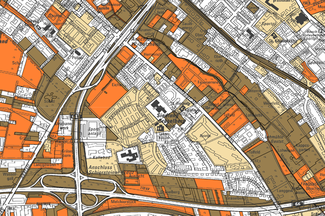 Τομή χάρτη με περιοχές σε καφέ, μπεζ και πορτοκαλί χρώμα.