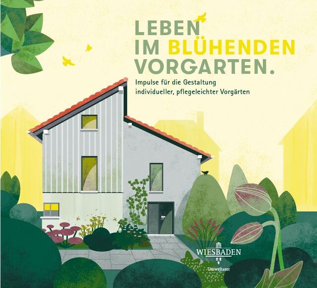 Illustration d'une maison moderne avec des plantes et des arbres colorés, entourée d'un jardin bien entretenu. Texte 'Vivre dans un jardin de devant fleuri. Impulsions pour la création de jardins de devant individuels et faciles à entretenir'.
