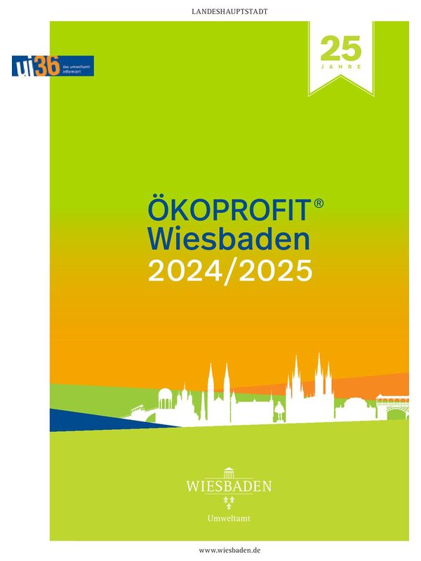 Titelblatt für ÖKOPROFIT Wiesbaden 2024/2025 mit dem Text 'ÖKOPROFIT Wiesbaden 2024/2025' und einer Silhouette von Wiesbaden im Hintergrund.