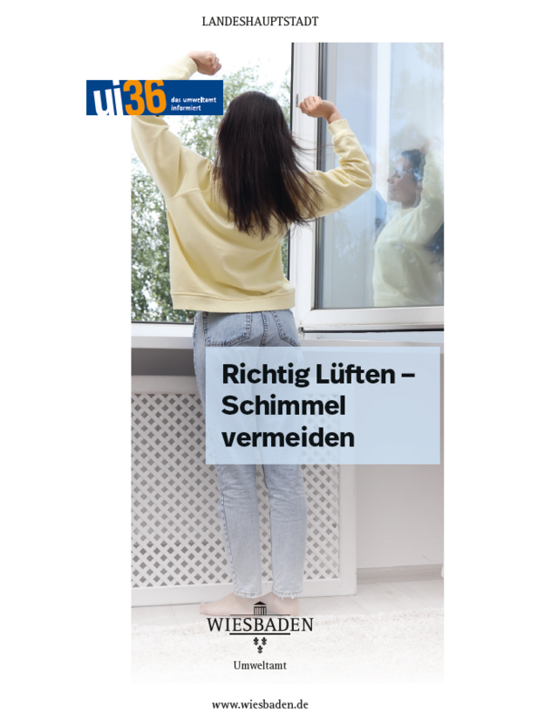 Човек отзад стои пред отворен прозорец и протяга ръце нагоре, в центъра на преден план има текст в светлосиньо поле: Вентилирайте правилно - избягвайте мухъл