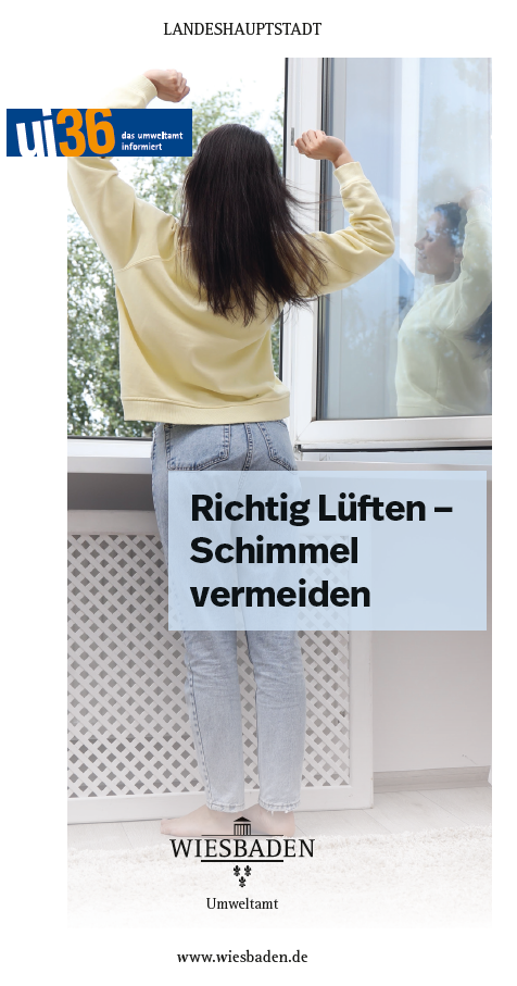 Person von hinten steht vor einem geöffneten Fenster und streckt die Arme nach oben, in der Mitte im Vordergrund steht Text in einem hellblauen Kasten: Richtig Lüften - Schimmel vermeiden
