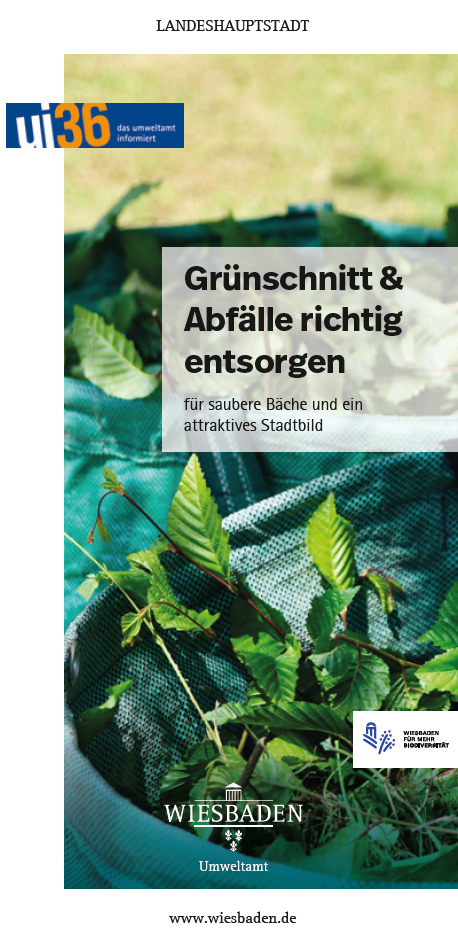 Grünschnitt in grünem Behälter auf Rasen liegend mit Text 'Grünschnitt & Abfälle richtig entsorgen für saubere Bäche und ein attraktives Stadtbild'