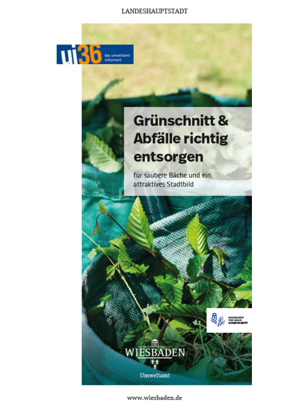 Grünschnitt in grünem Behälter auf Rasen liegend mit Text 'Grünschnitt & Abfälle richtig entsorgen für saubere Bäche und ein attraktives Stadtbild'