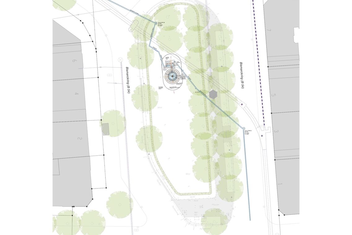 Technische Zeichnung des Platzes mit Verlauf von Wasserflächen und Bäumen.
