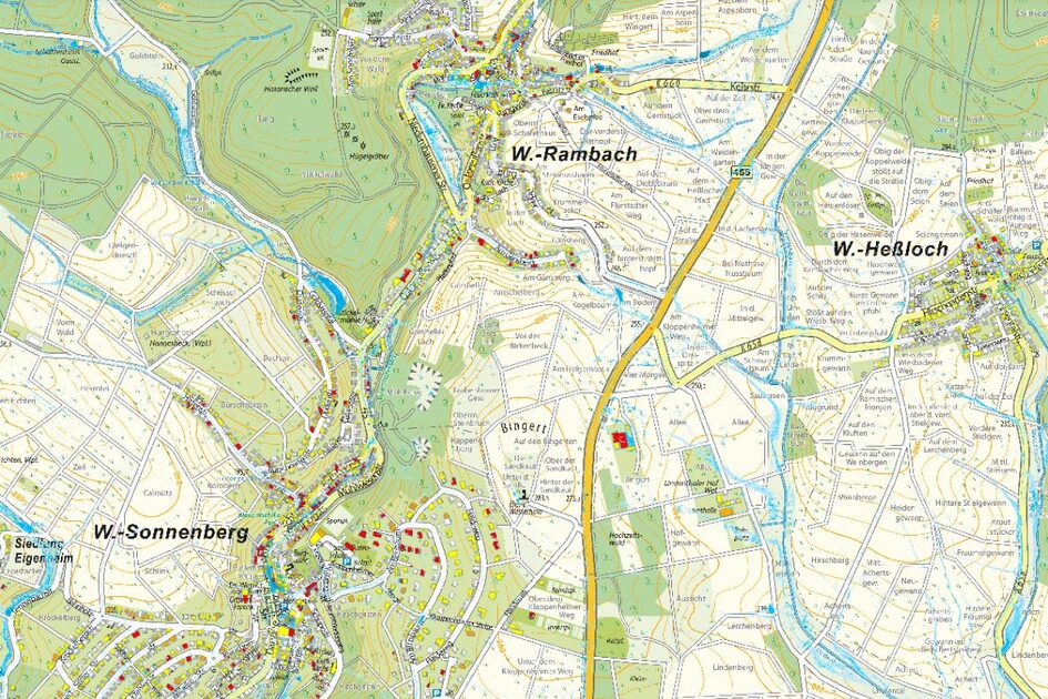 Secțiune a unei hărți a orașului Wiesbaden, lângă străzi, cursuri de apă și numele cartierelor (Rambach, Sonnenberg și Heßloch) multe zone sunt verzi.