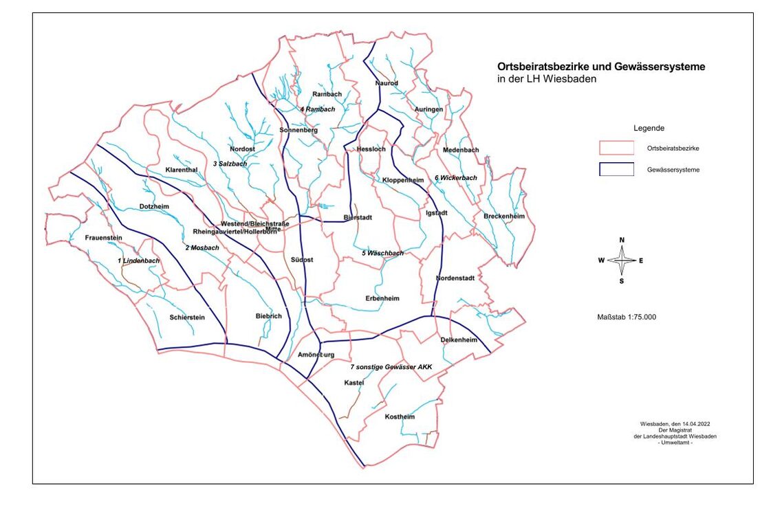 Harta generală a orașului Wiesbaden, districtele sunt evidențiate în roșu, sistemele de apă sunt evidențiate în albastru, iar cursurile de apă sunt evidențiate în albastru deschis.