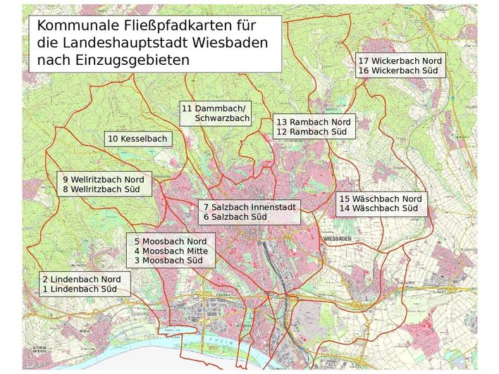 Übersicht der Fließpfadkarten Wiesbaden (einzelne Kartenausschnitte unter