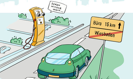 Zeichnung: E-Auto fährt an Ladestation vorbei