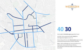 Karte mit hell- und dunkelblauenm Straßen für Tempo 40-30
