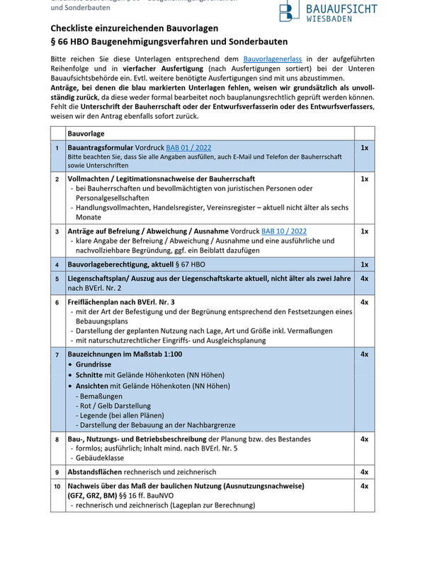 Vorschau Checkliste Baugenehmigungsverfahren (§66 HBO; Sonderbauten) Seite 1