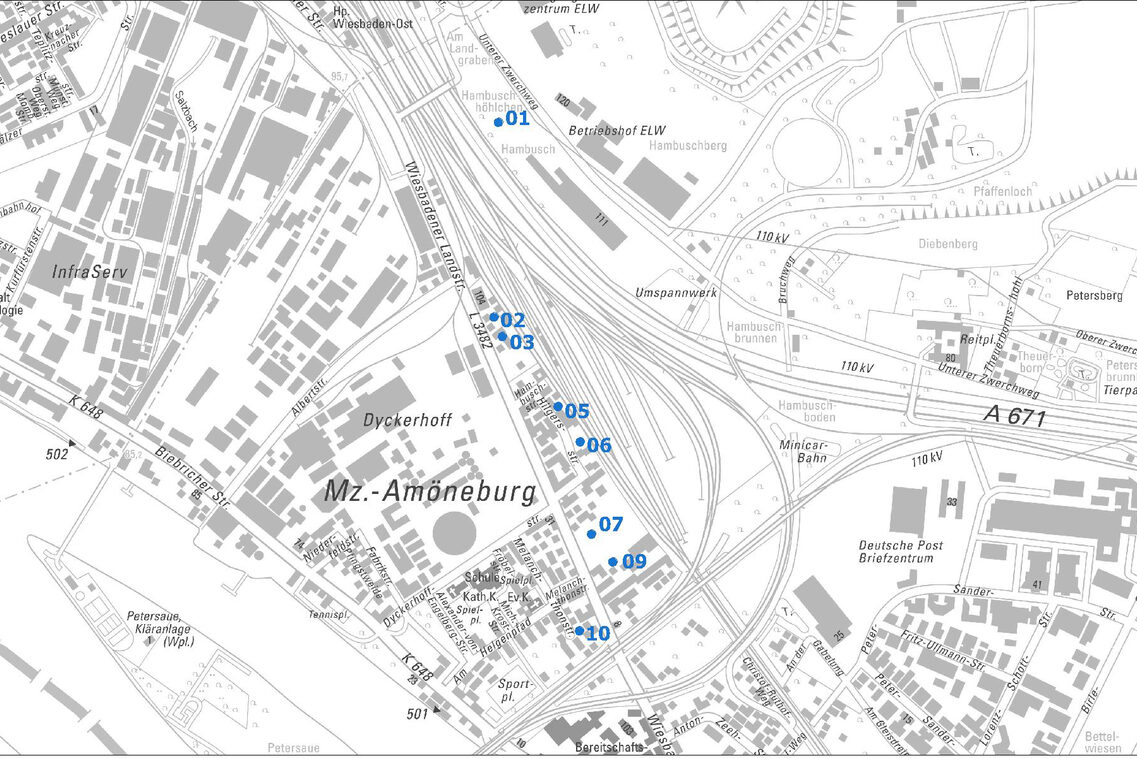 Übersichtskarte vom Ortsbezirk Amöneburg mit Punkten und Nummern der Baulücken