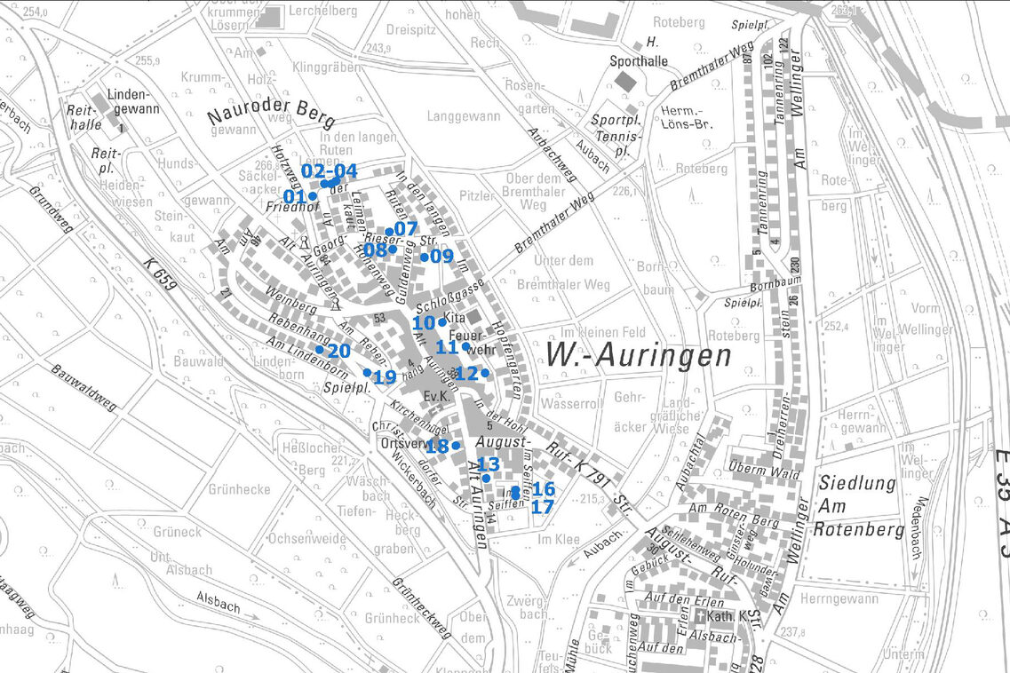 Übersichtskarte vom Ortsbezirk Auringen mit Punkten und Nummern der Baulücken