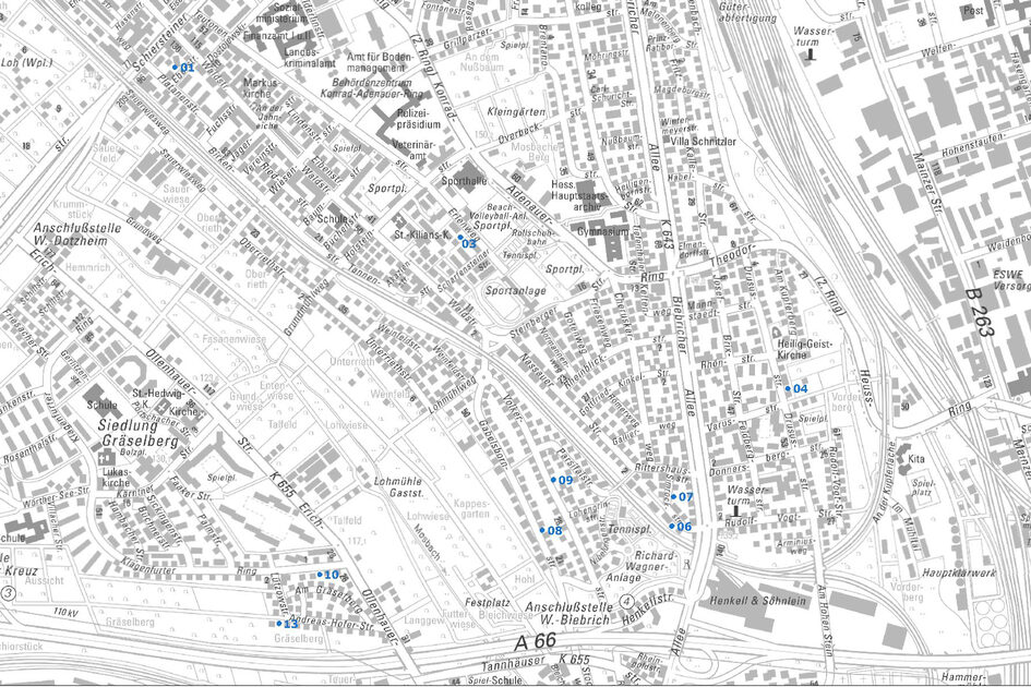 Übersichtskarte vom Ortsbezirk Biebrich mit Punkten und Nummern der Baulücken