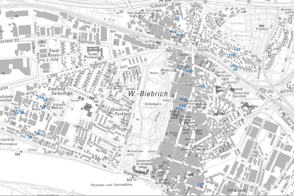 Übersichtskarte vom Ortsbezirk Biebrich mit Punkten und Nummern der Baulücken