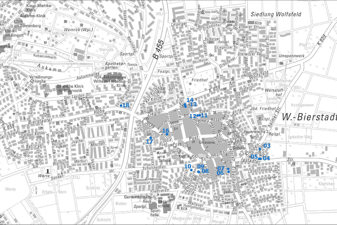 Übersichtskarte vom Ortsbezirk Bierstadt mit Punkten und Nummern der Baulücken