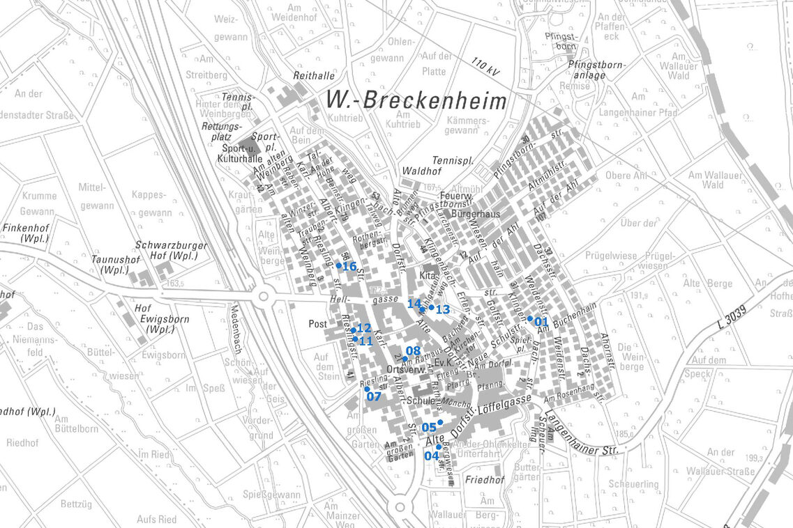 Übersichtskarte vom Ortsbezirk Breckenheim mit Punkten und Nummern der Baulücken
